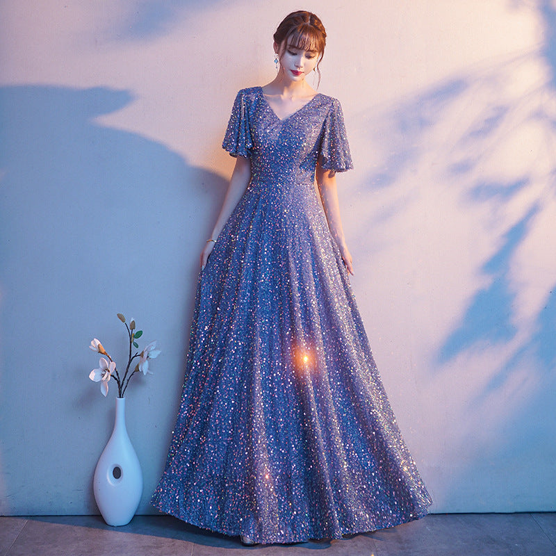 2025 Big choir performance costume popular new red song performance competition costume host thin evening dress woman