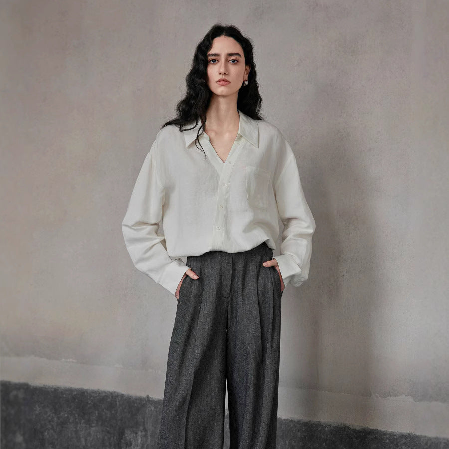 2025 ES MODISH Spring New Product Niche Design Cross V-Neck Casual Pullover Shirt Simple Linen Top