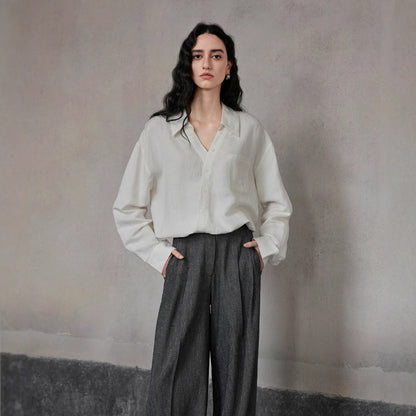 2025 ES MODISH Spring New Product Niche Design Cross V-Neck Casual Pullover Shirt Simple Linen Top