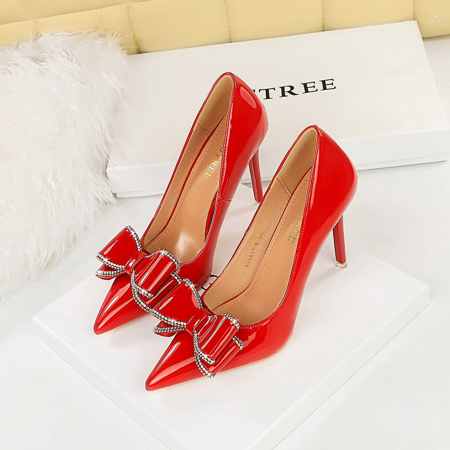 2025 9511-H35  style banquet high heels thin heel shallow mouth pointed head glossy patent leather bow high heel single shoes women