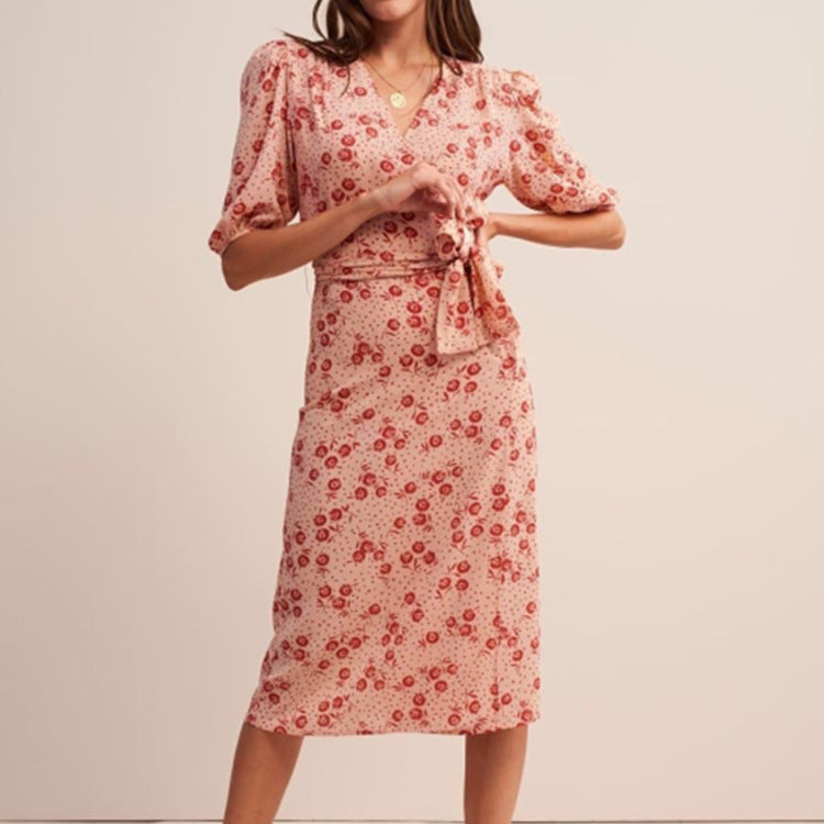 2025 Green  silk coffee break dress  summer dress women's V-neck bubble sleeve skirt mulberry silk dress