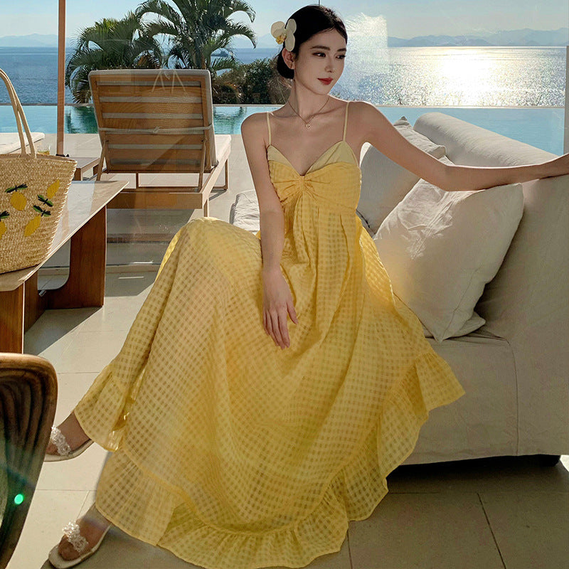 2025 Light yellow plaid holiday style backless dress women's summer dopamine wear island beach neck long skirt