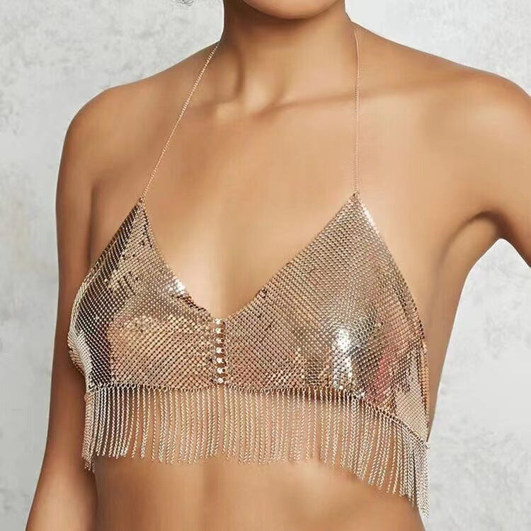2025 MW3158  vest rhinestone inlaid sequined tassel chain hanging neck V-neck chest wrap top small vest body chain