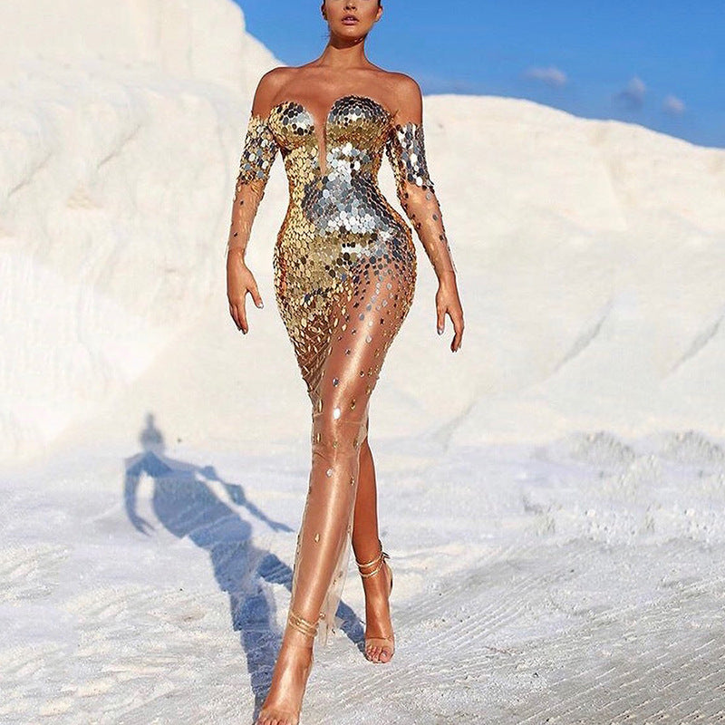 2025 summer new New 2025 women's dress sequined shoulder sexy mesh perspective long evening dress