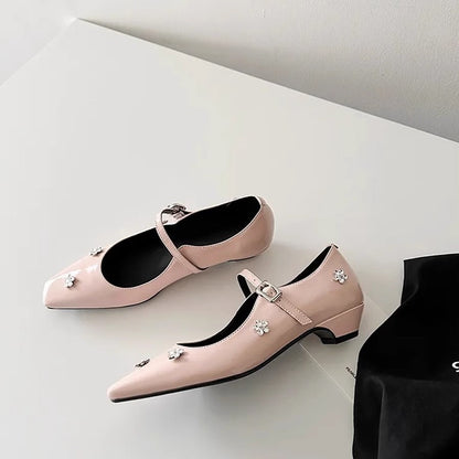 2025 Sheepskin version~  rhinestone flower one-word buckle light mouth thick heel single shoes women's gentle temperament square head Mary Jane shoes