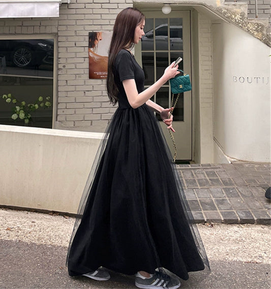 Black Hepburn short-sleeved knitted dress women's summer  waist thin mesh stitching temperament long skirt