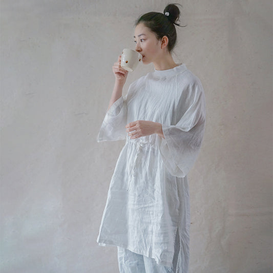 casual literary linen loose drawstring dress, light sports zen wide-sleeved linen robe L21072