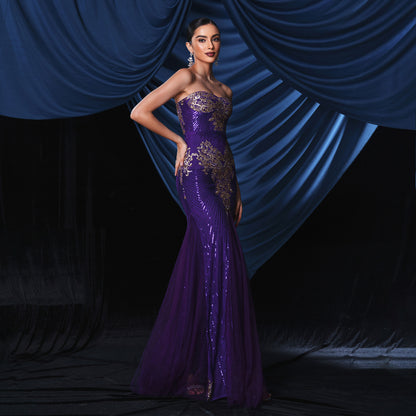 2025 sleeveless temperament one-word collar sexy chest wrap long sequined banquet evening dress bridesmaid dress dress