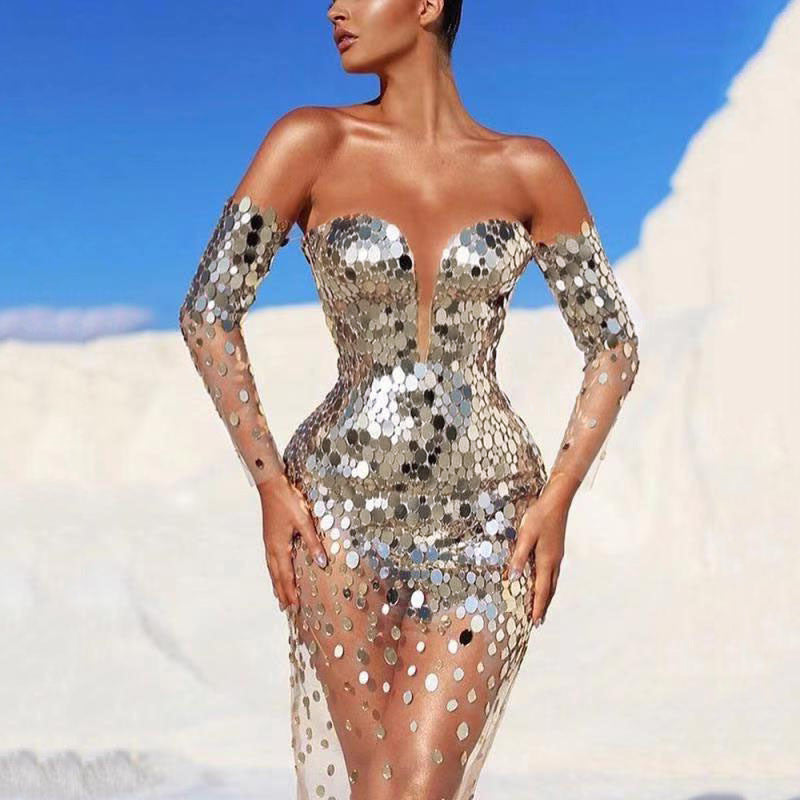 2025 summer new New 2025 women's dress sequined shoulder sexy mesh perspective long evening dress