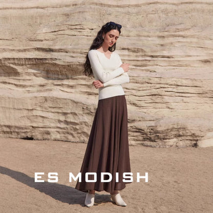 2025 ES MODISH spring new product elegant V-neck slim-fitting long-sleeved knitted sweater high-end Tencel top women