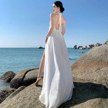 2025 Super fairy atmosphere white dopamine island vacation dress flower decoration wave fairy elegant travel dress