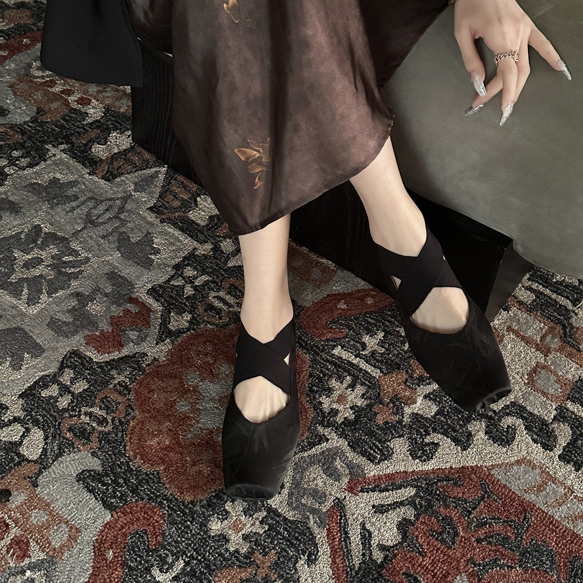 2025 Sheepskin version~ Trendy national style new Chinese style high texture square head versatile  commuter ol thick heel ballet single shoes women