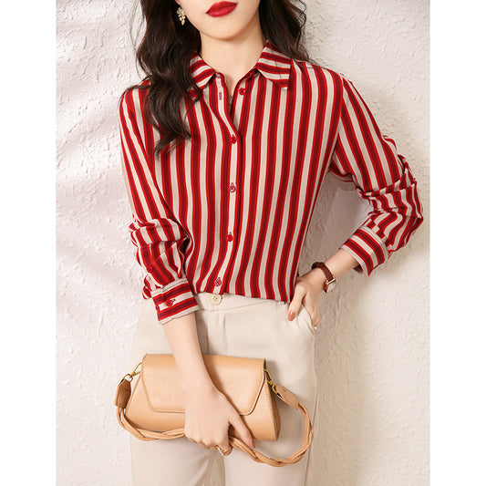 2025 Striped silk shirt  summer new temperament cardigan mulberry silk long-sleeved top, high-end Hangzhou women's clothing