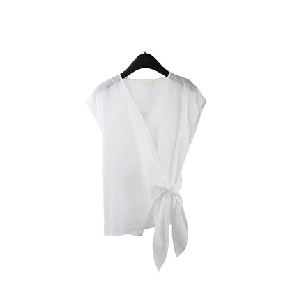 2025  Ramie Tencel Cross Design Sense Shirt 2025 Thirteen Lines Summer New Shirt Women's T5059X