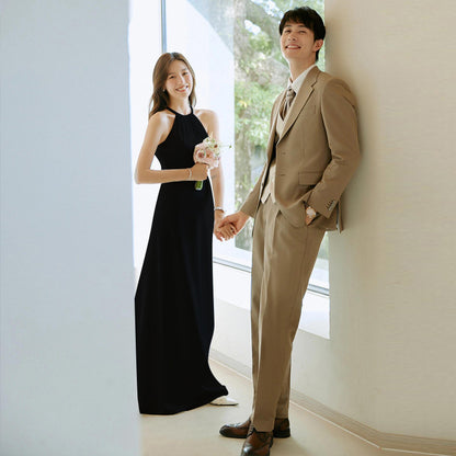 2025 light wedding dress bridal simple temperament white satin pearl neck dress exterior fishtail dress going out yarn