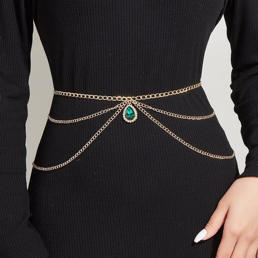 2025 MW3200  waist chain green crystal gemstone pendant multi-layer wave side pendulum chain waist chain waist decoration