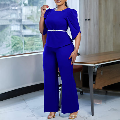 2025 D558 Popular trade women's clothing 2025 new fashion temperament elegant solid color top wide leg pants two-piece set 2025 suit