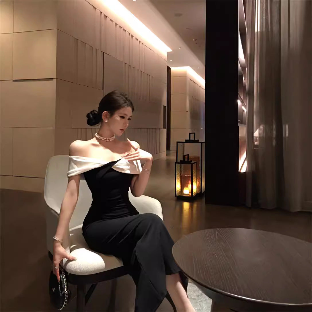 2025 one-word shoulder dress women's summer black and white splicing waist slim temperament annual meeting evening dress hip-wrapped dress