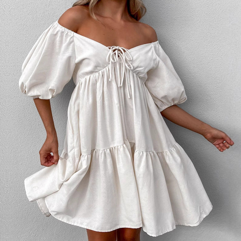 XAKXX khaki cotton and linen V-neck lace-up short-sleeved A-word dress 2025 early spring fashion new cross-border short skirt women