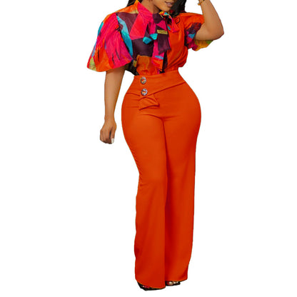 2025 D341 2025 new summer printed stand-up collar long-sleeved shirt top wide-leg pants fashion suit New two-piece set