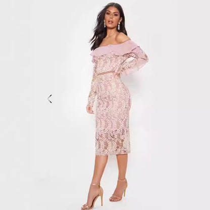 XAKXX 2025 popular  Celebrity Temperament Lotus Leaf Splicing Lace One-word Shoulder Buttocks Dress Off-the-Shoulder Evening Dress