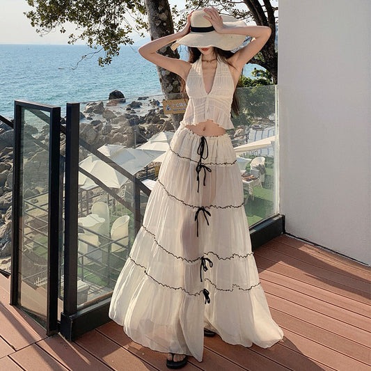 2025 Thailand seaside vacation wear women's pure desire sexy backless neck vest see-through skirt two-piece dress