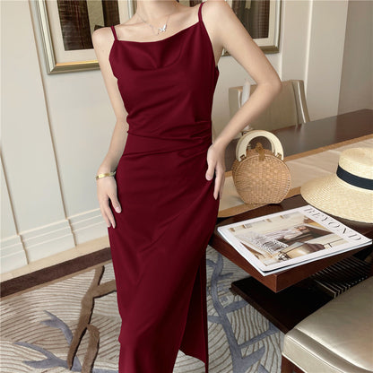 2025 drape satin swinging neck suspender skirt women's 2025 summer new waist thin pleated temperament split sleeveless dress