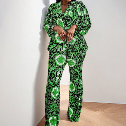 2025 2025 spring new 2025 women's clothing temperament retro printing long-sleeved lapel shirt two-piece fashion suit women