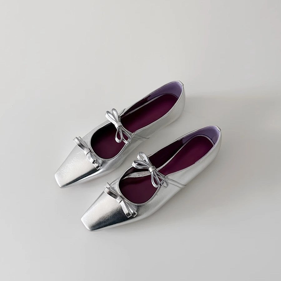 2025 Sheepskin version~ Small square head temperament bow light mouth single shoe inner height increase  word belt silver Mary Jane shoes