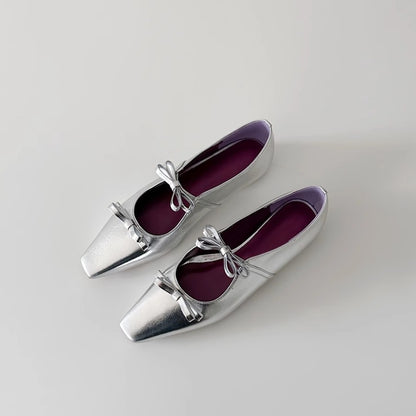 2025 Sheepskin version~ Small square head temperament bow light mouth single shoe inner height increase  word belt silver Mary Jane shoes