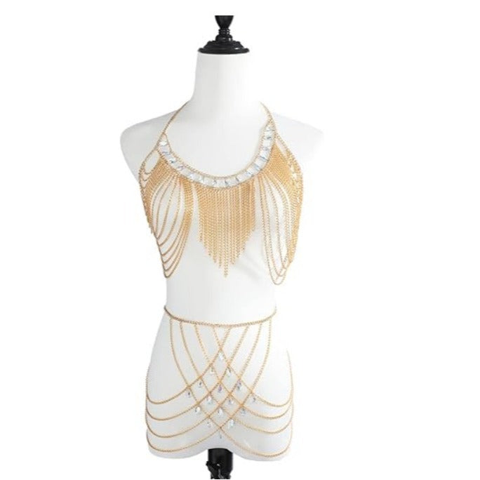20004 2025 hot-selling metal chains, multiple fringed chains splicing neck tube top vest waist chain set body chain