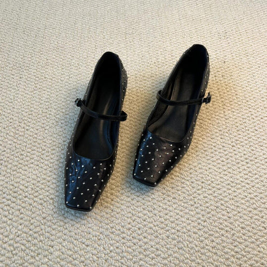 2025 Sheepskin version~ New rivet square head personalized small leather shoes women's one-word buckle low-heeled leather shallow mouth Mary Jane single shoes