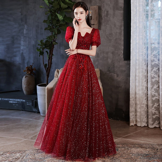 Burgundy toasting dress bride 2025 new spring New wedding return gauze skirt light luxury banquet evening dress