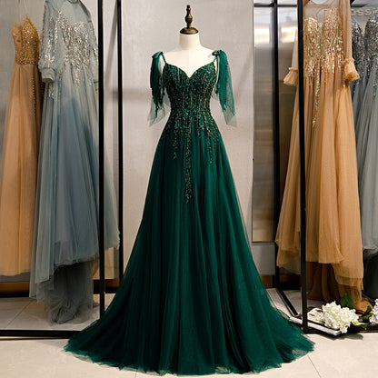 Banquet evening dress 2004 new small trailing elegant party dress dark green evening dress