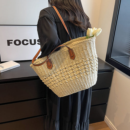 2025 Straw bag ins  simple woven tote bag shoulder portable large-capacity women's bag summer vacation beach bag
