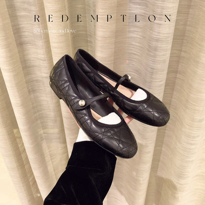 2025 Sheepskin version~ Round head imported lambskin rhombus pearl one-word buckle with flat sole shoes women's Mary Jane shoes