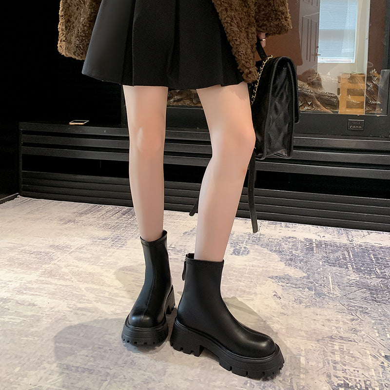 2025 High-heeled short boots for women's popular winter new versatile thick-soled heightening elastic thin boots round-toed Martin boots for women
