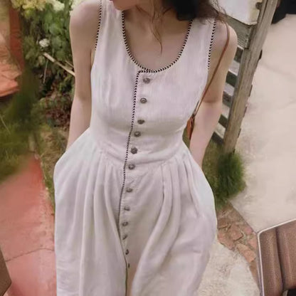 2025 Spot summer new vacation  retro style high-end sense thin sleeveless cotton and linen dress