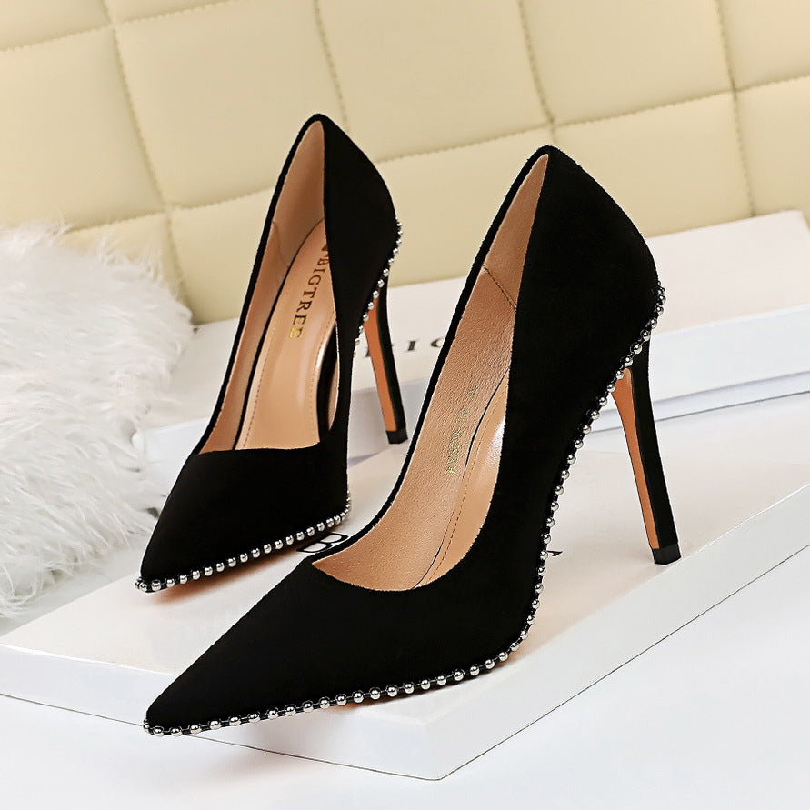2025 1829-A5  retro women's shoes thin heel high heel suede light mouth pointed metal beads nightclub sexy single shoes
