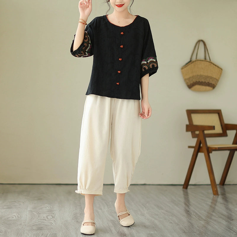 Young mother fashion suit jacquard loose literary button top ramie nine-point Harlan pants casual two-piece set