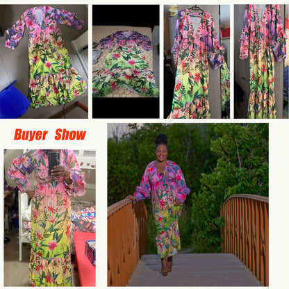 2025 New summer new 2025 women's clothing printing gradual change color dress ruffle V-neck sexy and thin dress