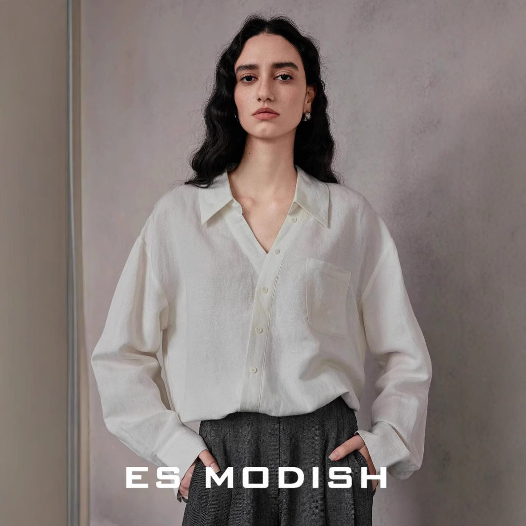 2025 ES MODISH Spring New Product Niche Design Cross V-Neck Casual Pullover Shirt Simple Linen Top