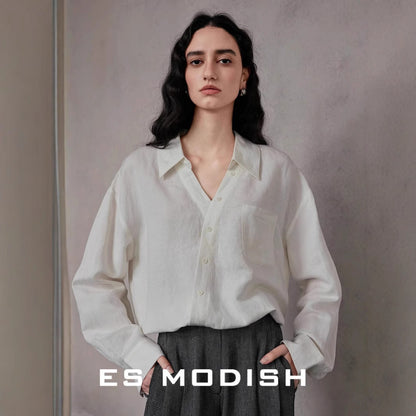 2025 ES MODISH Spring New Product Niche Design Cross V-Neck Casual Pullover Shirt Simple Linen Top