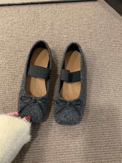 2025 Flat-bottomed  square head single shoes women's shoes popular new spring and autumn bow word with retro suede commuter shoes