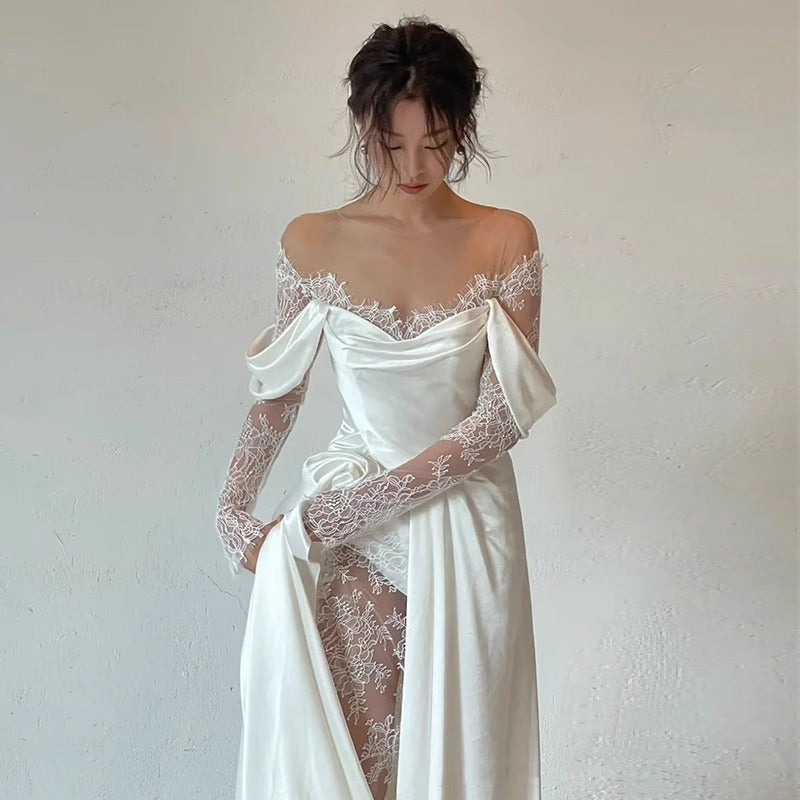 2025 simple satin travel photography light wedding dress long sleeve popular new bride shoulder small light dress trailing