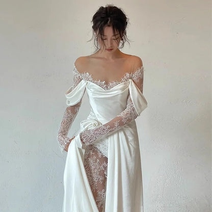 2025 simple satin travel photography light wedding dress long sleeve popular new bride shoulder small light dress trailing