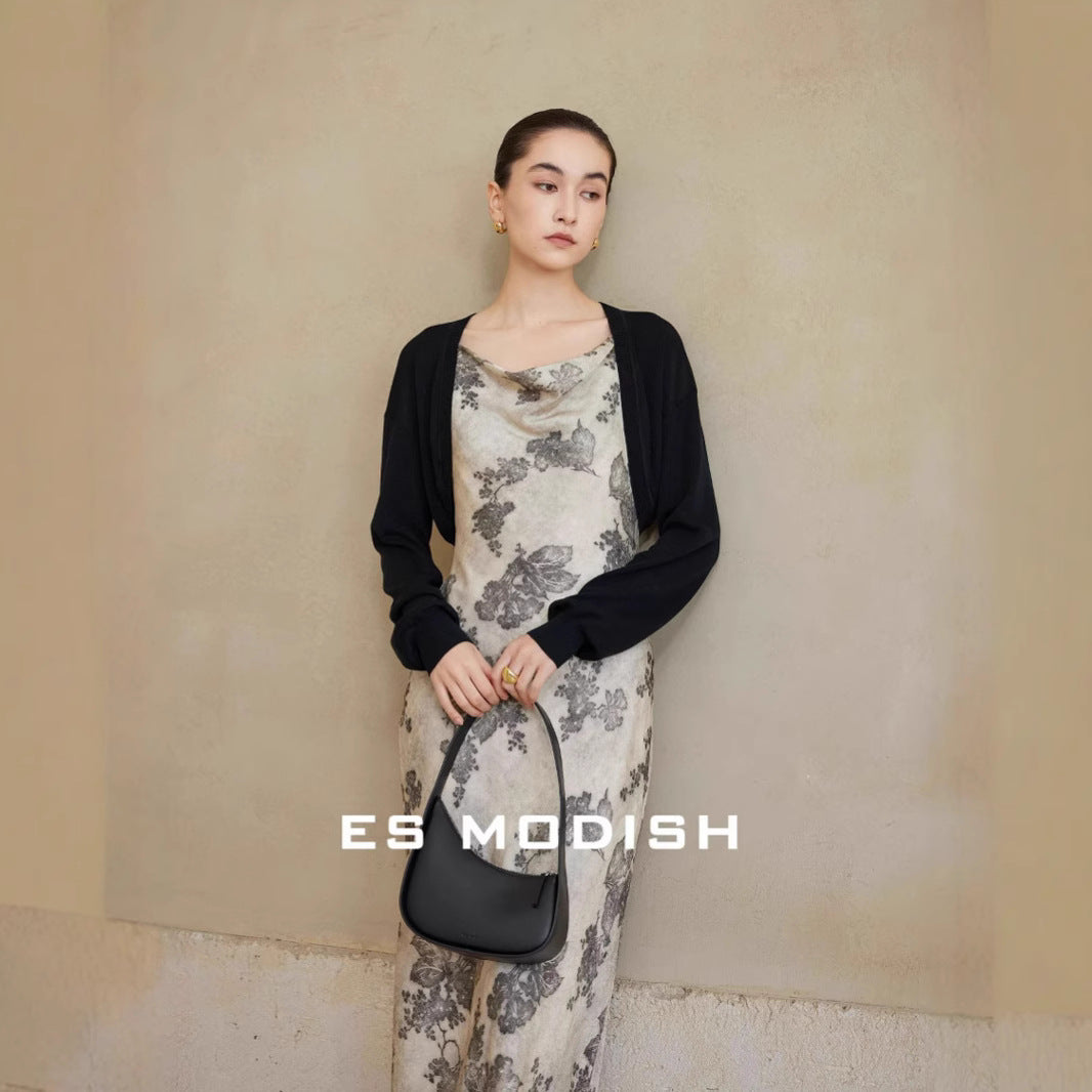 2025 ES MODISH Spring New Product Vacation Style Retro Printed Suspender Dress with High Waist Sexy Long Dress Women