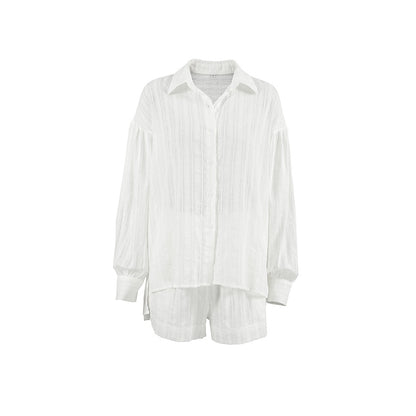 XAKXX Spring and summer fashion simple style versatile comfortable white cotton loose convex jacquard sexy long-sleeved shorts two-piece set