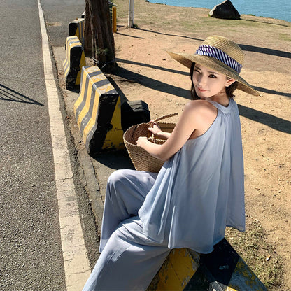 2025 Lazy wind wear women's summer seaside vacation leisure suit Zen simple chiffon loose trousers cold two-piece set