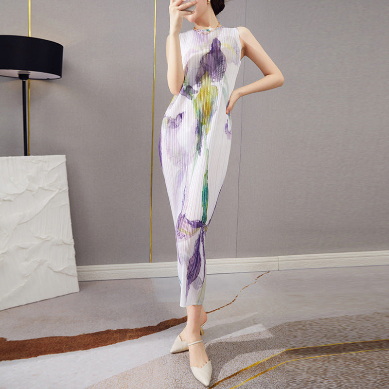 2025 Fashion high-end pleated skirt summer women's new long sleeveless printed straight versatile retro dress